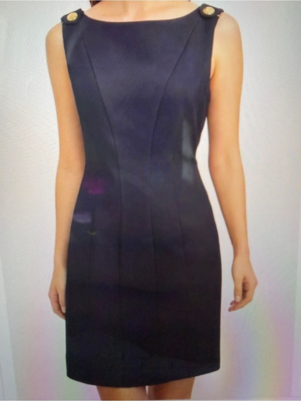 Tory Burch Navy Wool Blend Sleeveless Sheath Dress with Gold Button Accents